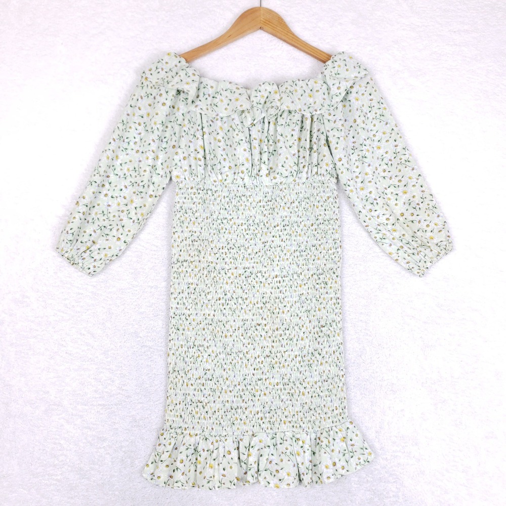 FOREVER 21 Floral Smocked Dress Women Small Off Shoulder Cottagecore Ruffle Mint